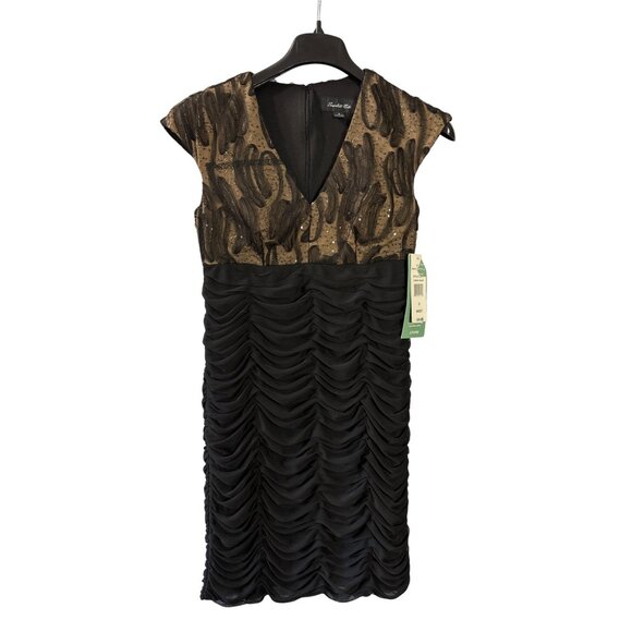 Y2K Scarlett Nite Womens Black Gold Ruched Midi Dress 6 Cap Sleeve Cocktail New - Picture 1 of 9